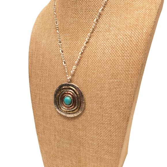 Boho Statement Pendant Necklace Turquoise Center 21" Silver Tone Chain Medallion - Picture 13 of 15